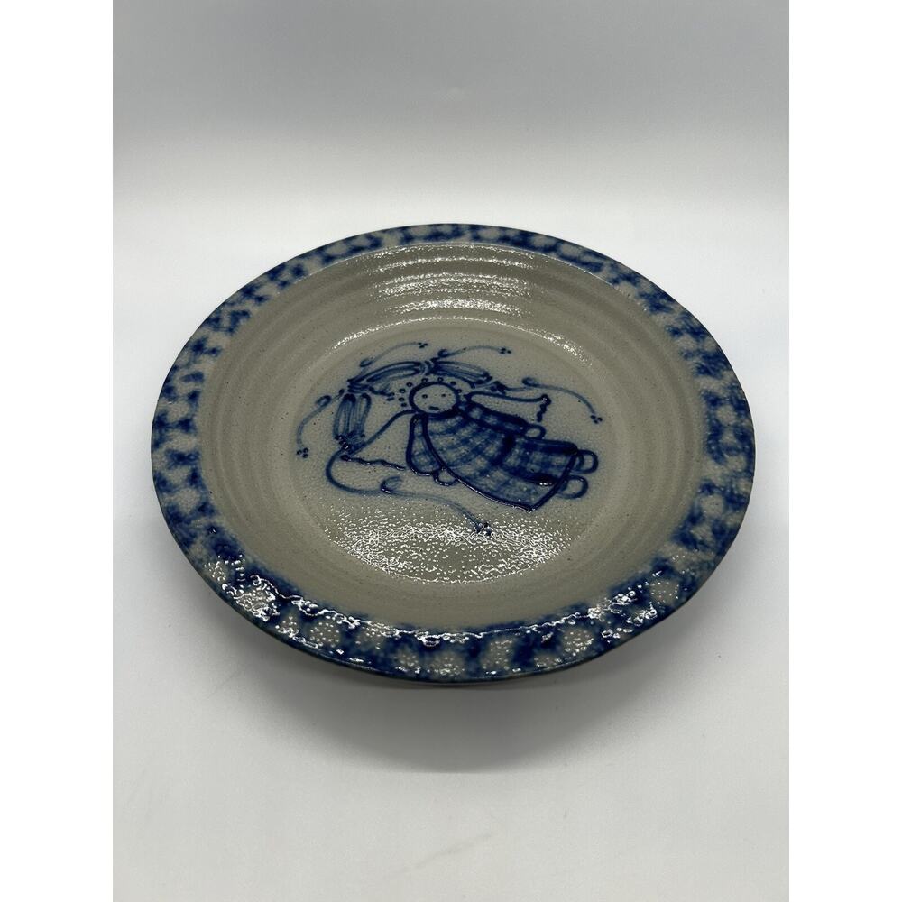 Eldreth Pottery Stoneware Cobalt Blue Sponge Salt Glaze Angel 8" Pie Plate 2001
